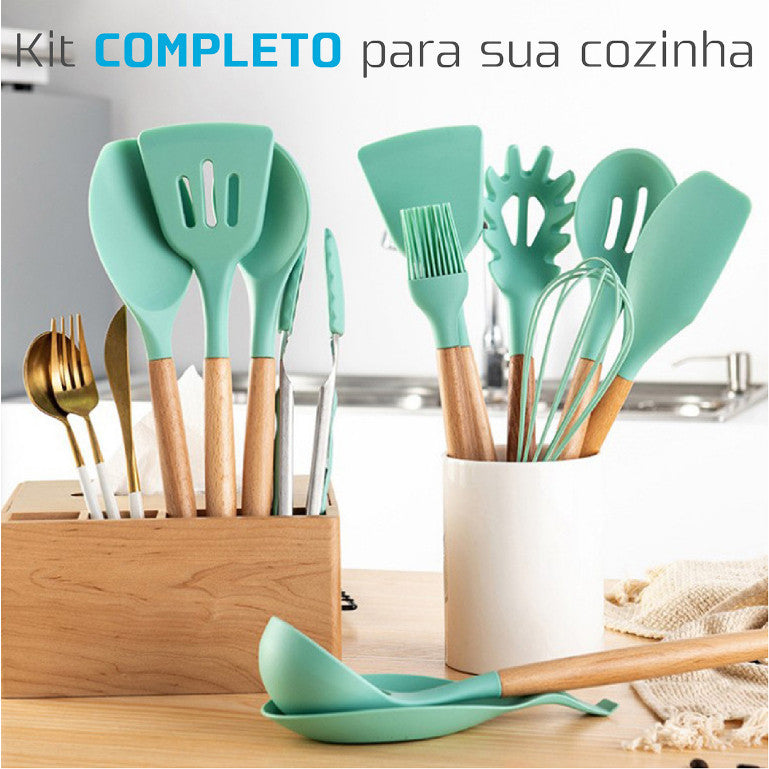 Kit 12 conjunto de utensílios Silicone Cozinha Colher escumadeira concha escumadeiras pote